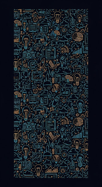 Seamless Pattern of Tech and Idea Doodles in Teal and Gold on a Dark Background - Free mobile Wallpaper