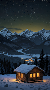 Cozy Log Cabin Under Starry Night Sky in Snowy Mountain Valley