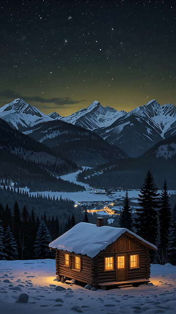Cozy Log Cabin Under Starry Night Sky in Snowy Mountain Valley
