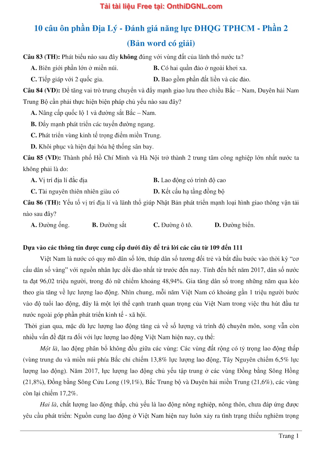 250 bài tập môn Địa Lý - Ôn thi ĐGNL ĐHQG TP HCM Phần 2