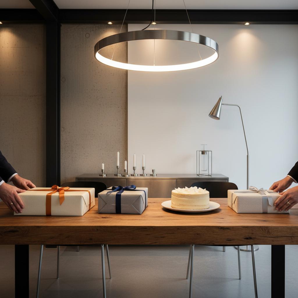 Intime Esstisch-Szene mit Geschenkboxen, dezenter Torte, Metallakzenten und warmem Licht im Steelmonks-Stil — Silberhochzeit feiern Ideen