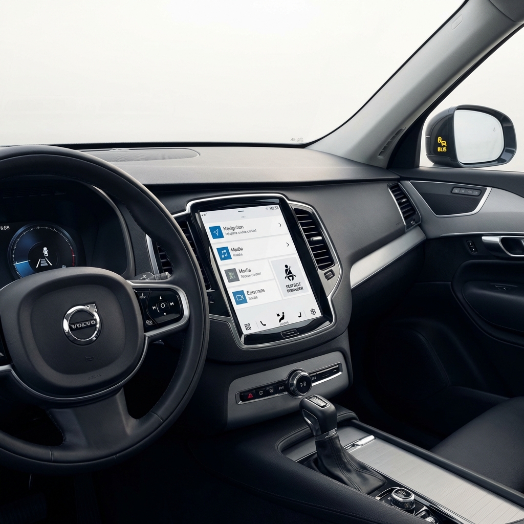 Close full frame interior view of Volvo XC90 dashboard highlighting safety features and infotainment with CarFax Deals blue accents xc90 volvo price