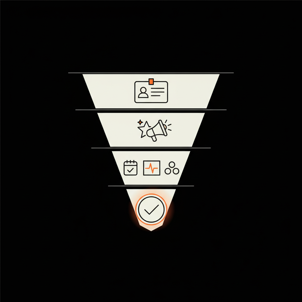 Minimal 2D vector funnel diagram with four icons (identity, notability, activity, verification) using Social Success Hub colors for Twitter verification.