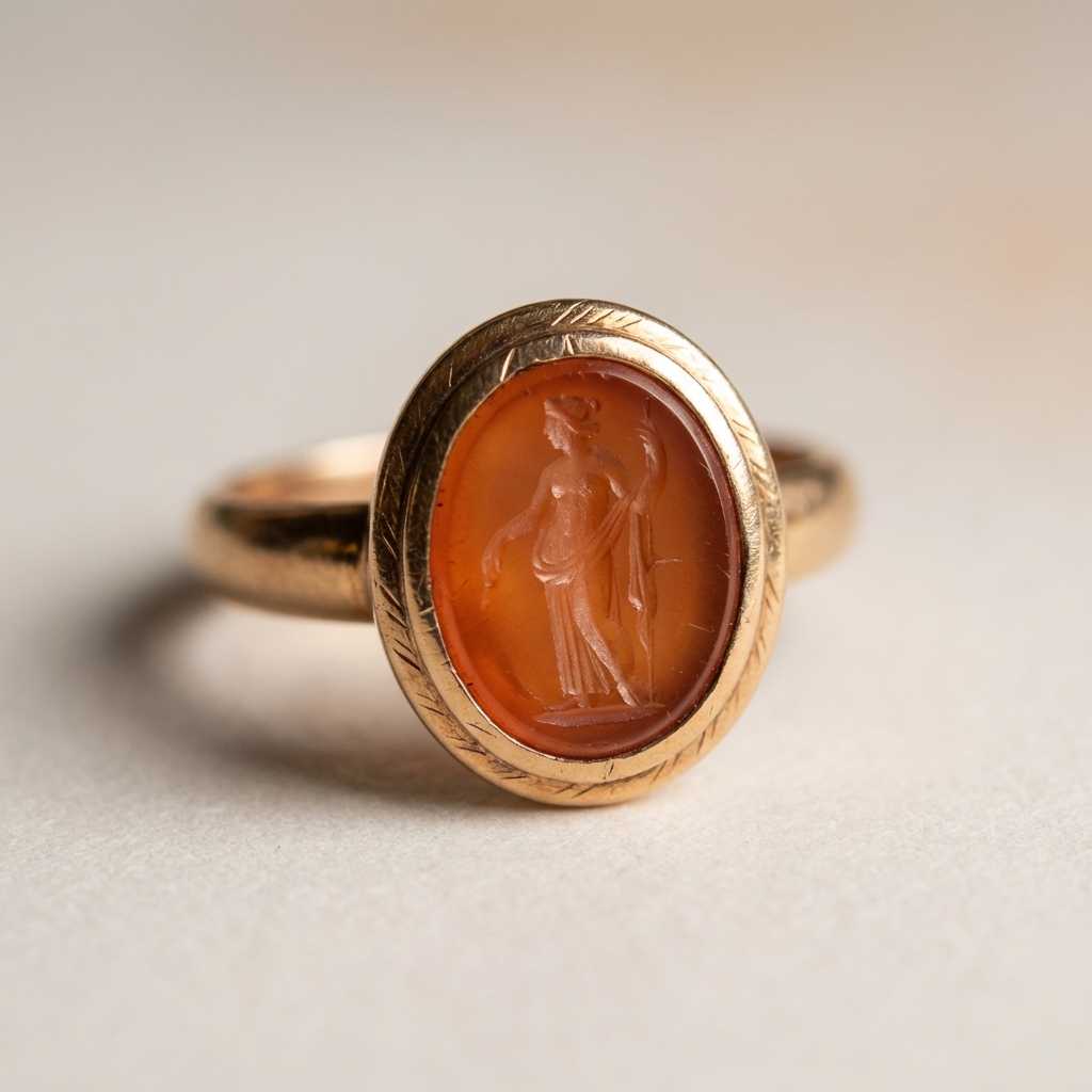 Macro close up of an ancient signet ring carnelian intaglio in a gold bezel showing tool marks and edge junctions on a clean ede7da background