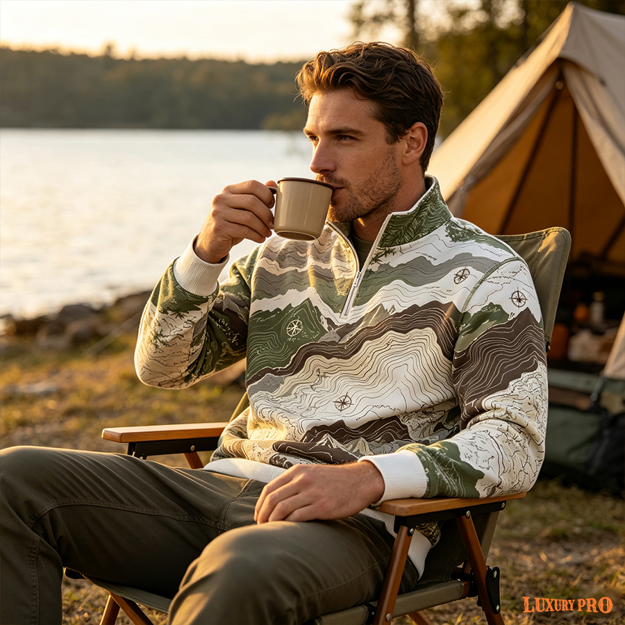 AOP HNH Stand Collar Half Zip Long Sleeve