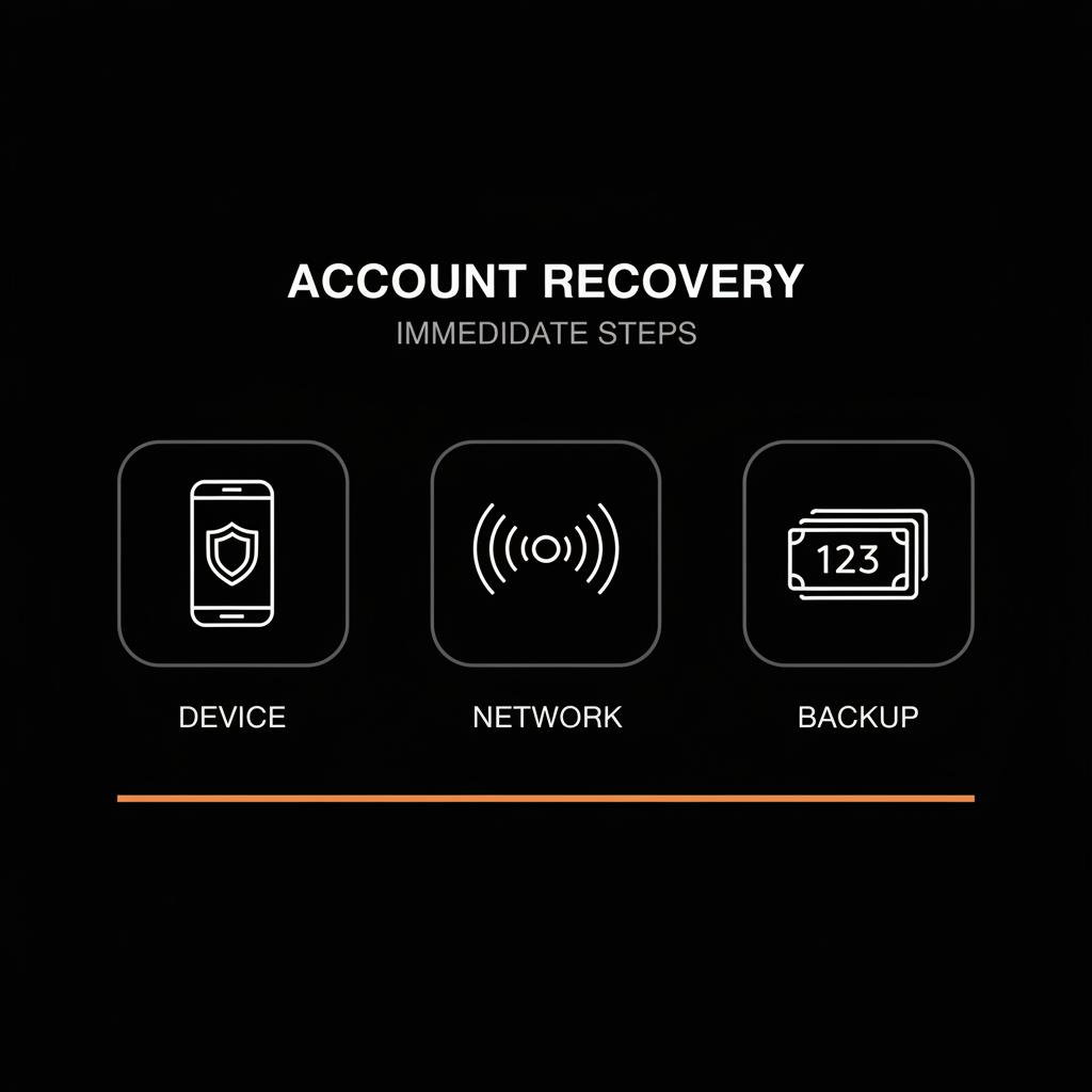 Minimalist dark infographic with three vector icons (device, Wi‑Fi, backup codes) showing immediate steps to recover forgotten password using Social Success Hub brand colors