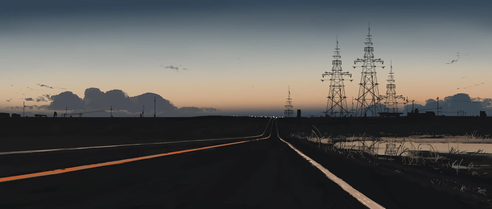 Empty Highway At Twilight - Digital Painting 4K Wallpaper (5640x2400)