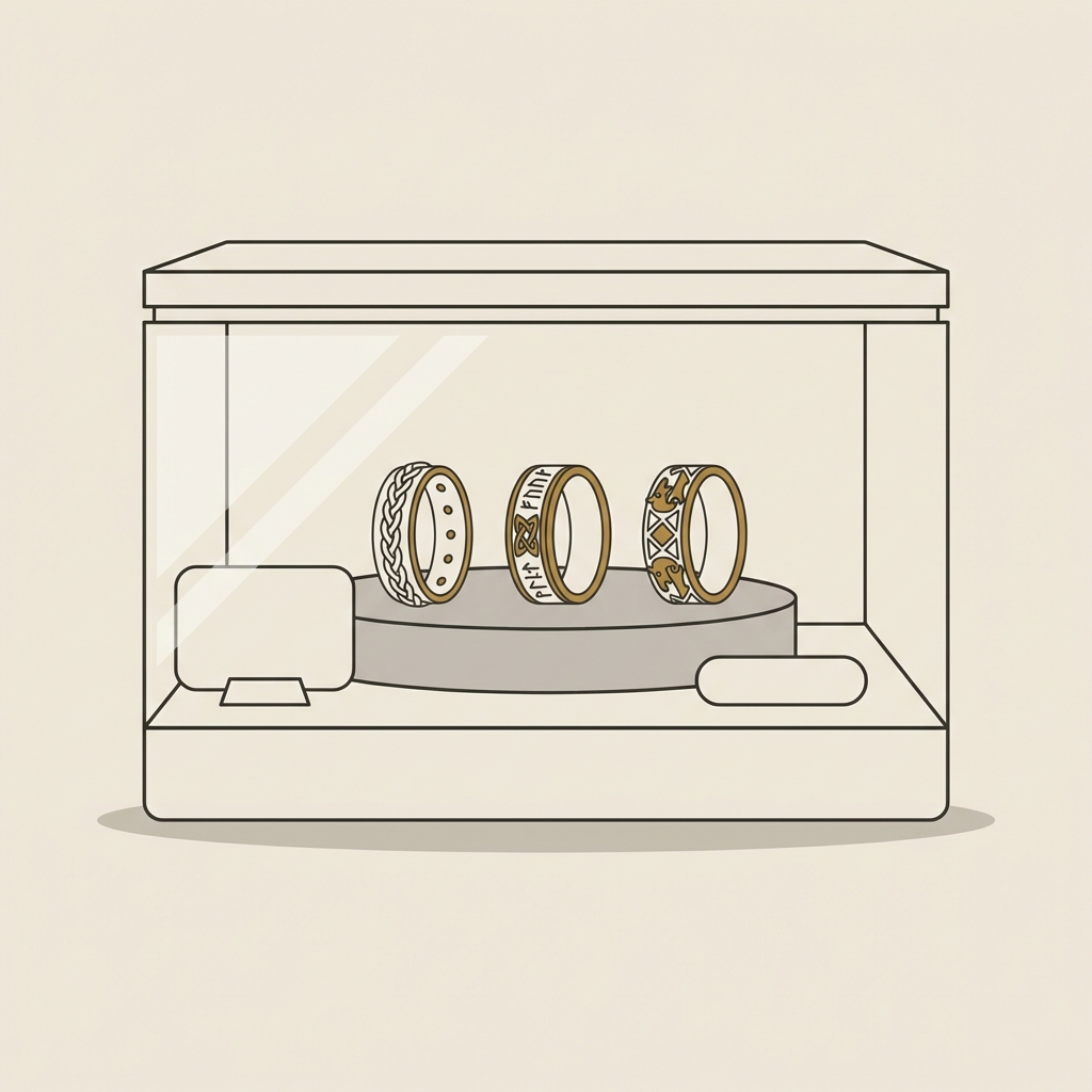 Minimalist 2D vector museum display of ancient viking wedding rings grouped on beige background with a blank conservation card and subtle brass accents
