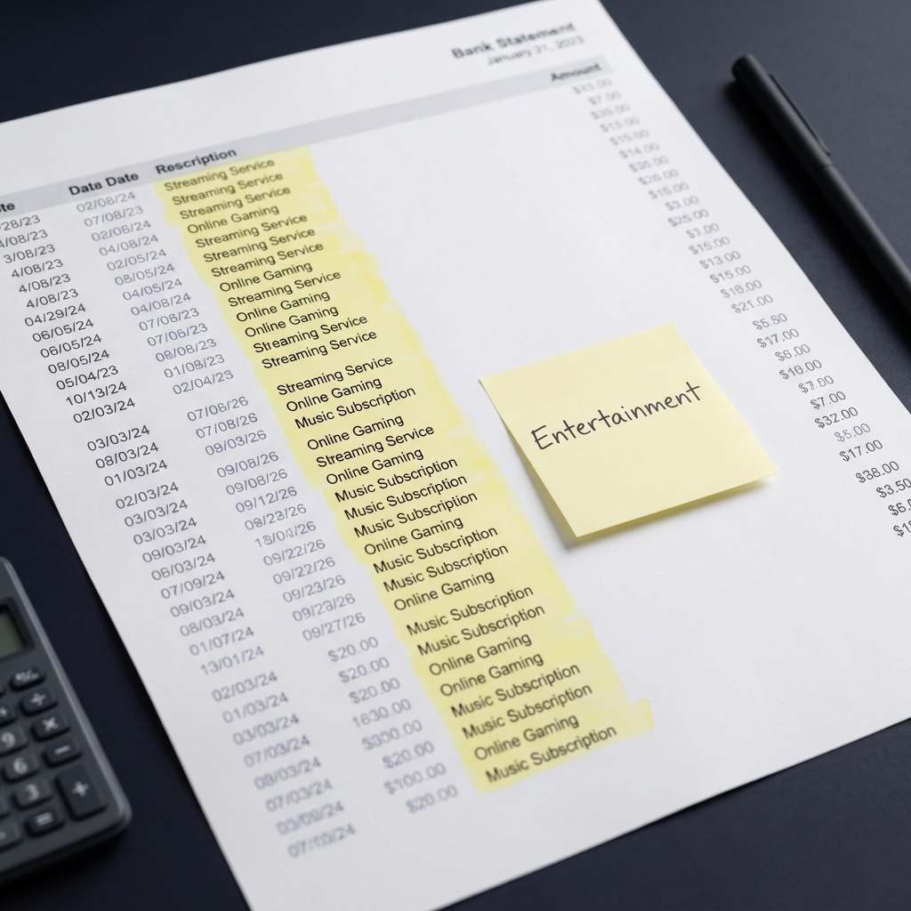 Close up bank statement with recurring charges highlighted and a sticky note marking an Entertainment column illustrating Separating Entertainment from Financial Expectations