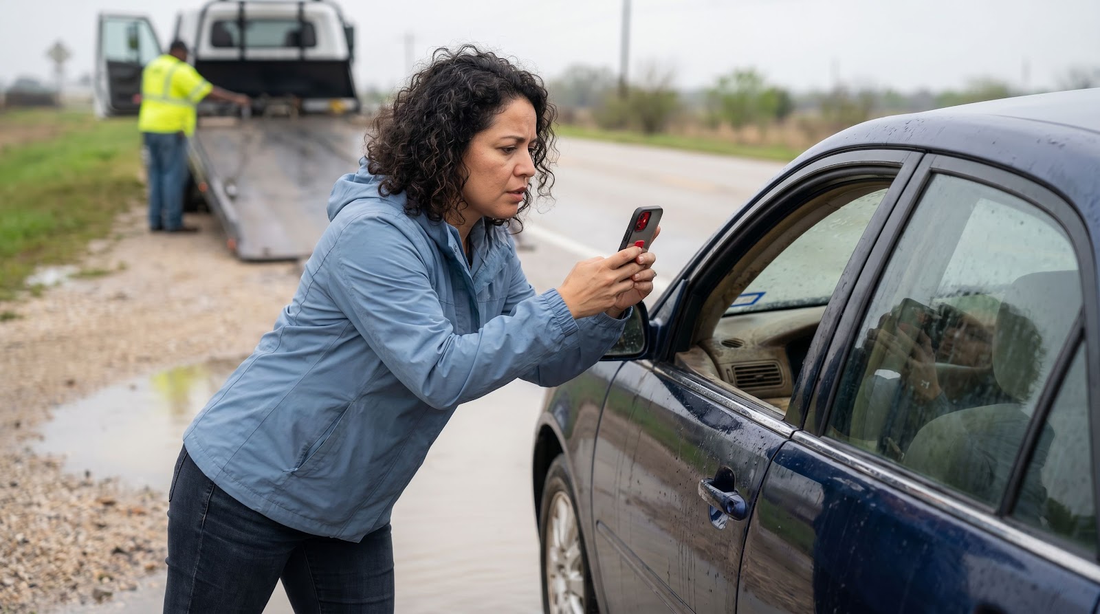 Woman documenting flood damage for a texas flood car insurance claim beside her car in Texas