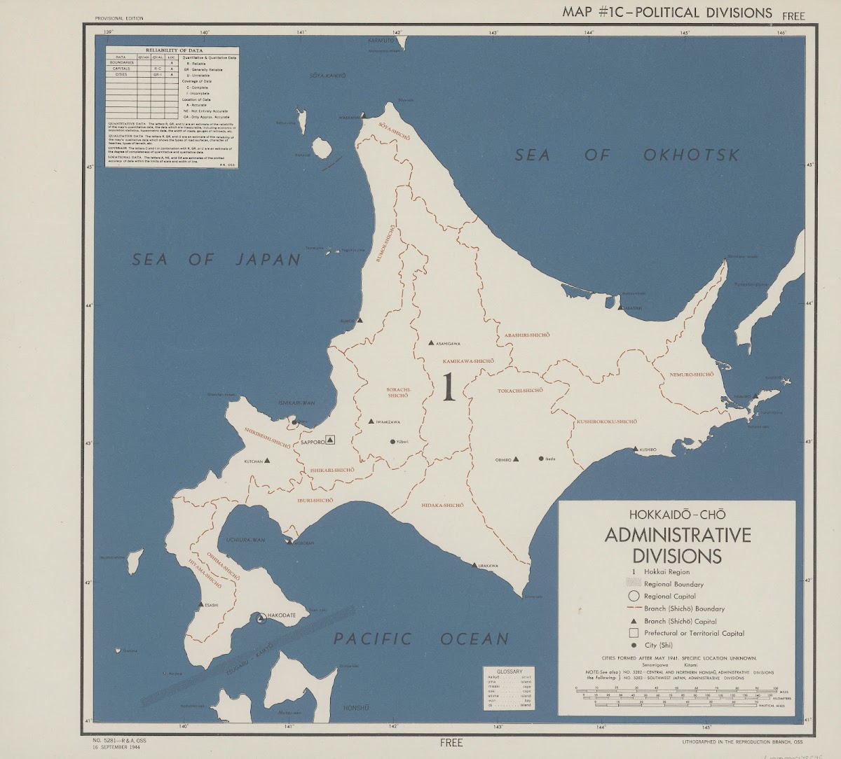 Hokkaidō chō  administrative divisions 1944