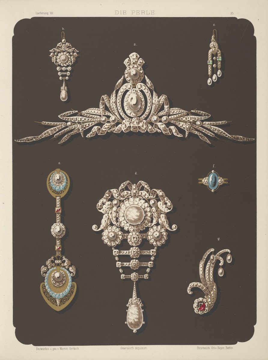 Seven Designs For Jewelry Including Large Pearl And Diamond Brooch 1872   1873