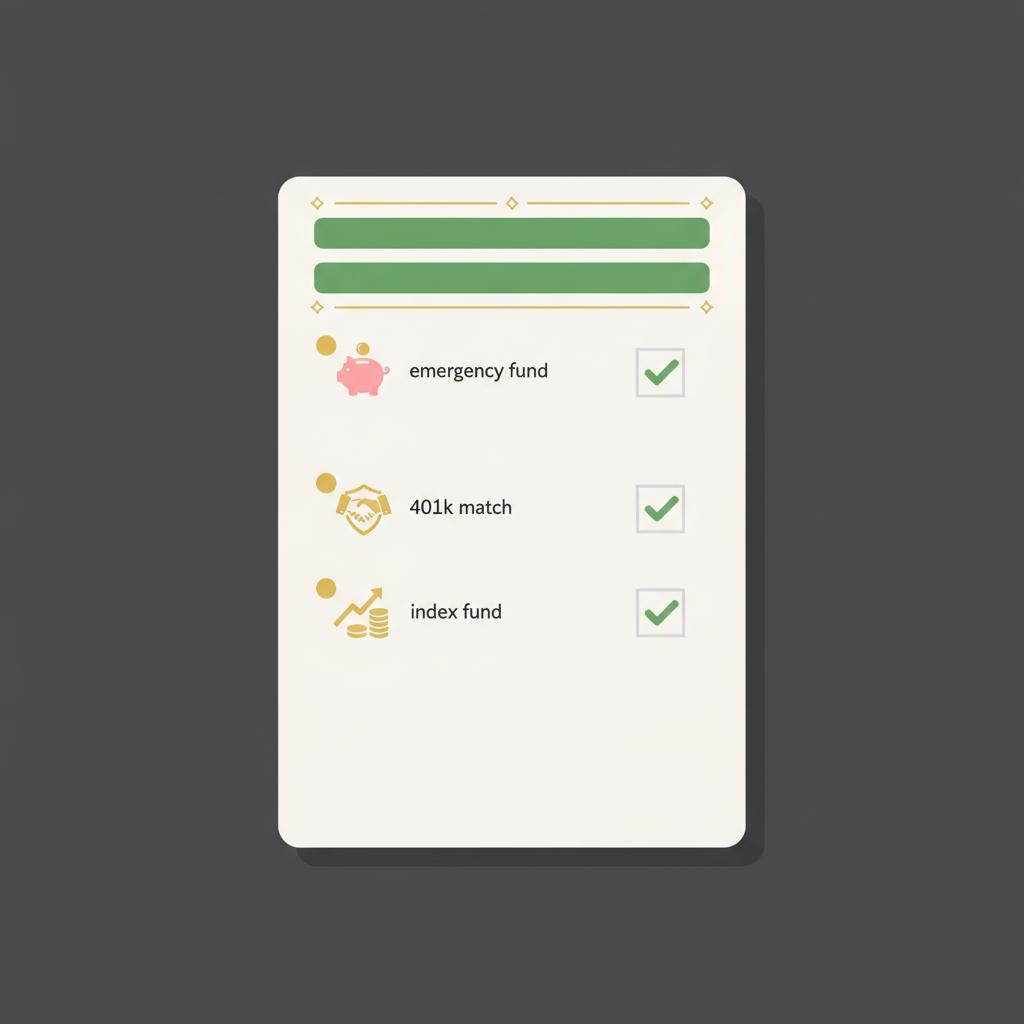 Minimalist 2D vector checklist flat lay on black background with green headings and gold accents showing icons for emergency fund 401k match and index fund what should a beginner invest in