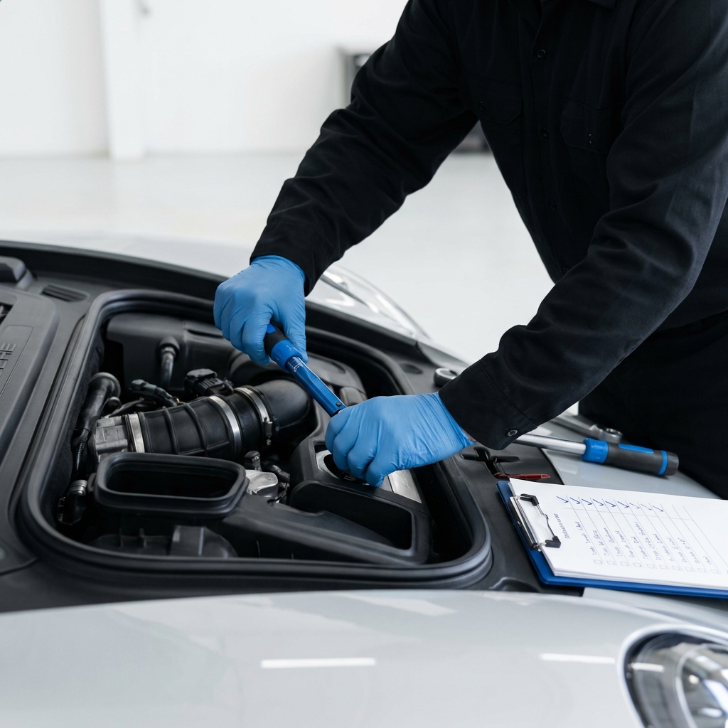 Close up of a technician inspecting a Porsche engine bay with tools and checklist on white background for a used porsche for sale listing