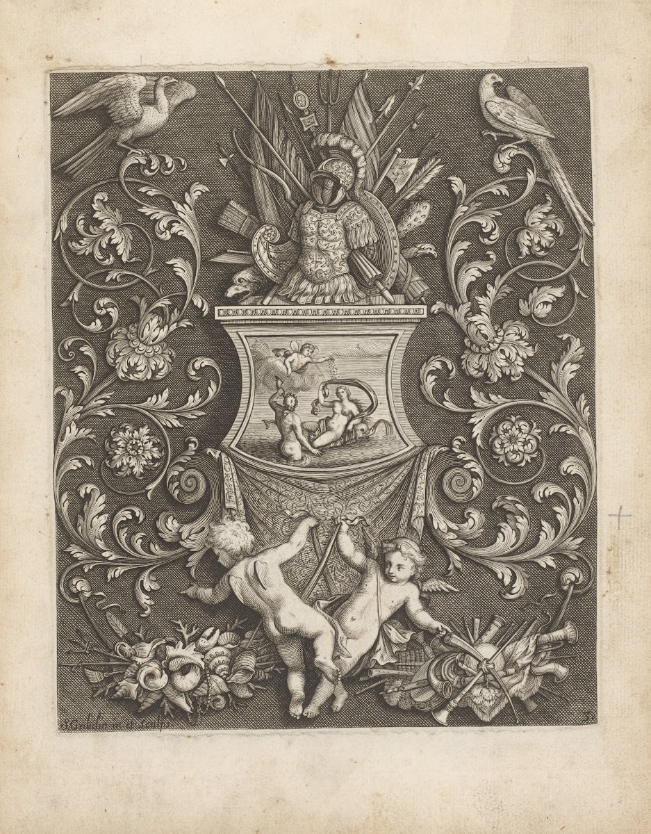 Pedestal with Galatea on it wearing armor with weapon trophies and putti 1704