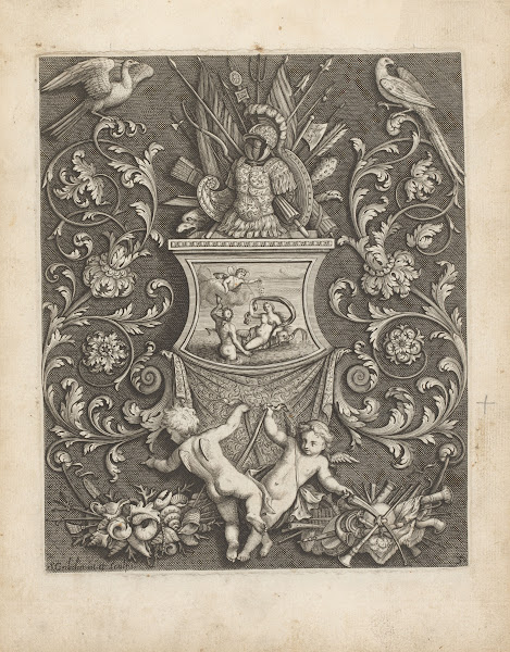 Pedestal with Galatea on it wearing armor with weapon trophies and putti 1704