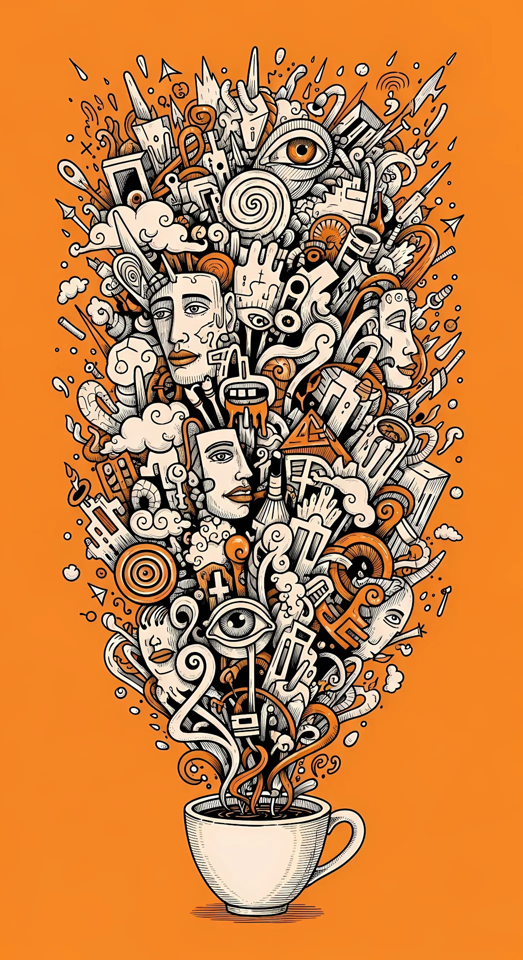 Surreal Doodle Art Emerging from Coffee Cup Steam - Free 4K mobile Wallpaper