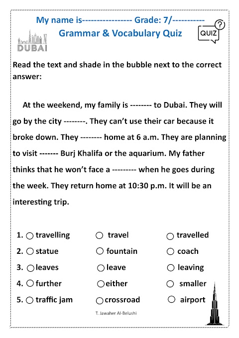 اختبار قواعد ومفردات لرحلة إلى دبي غير محلول - إنجليزي الصف 7 الفصل 2