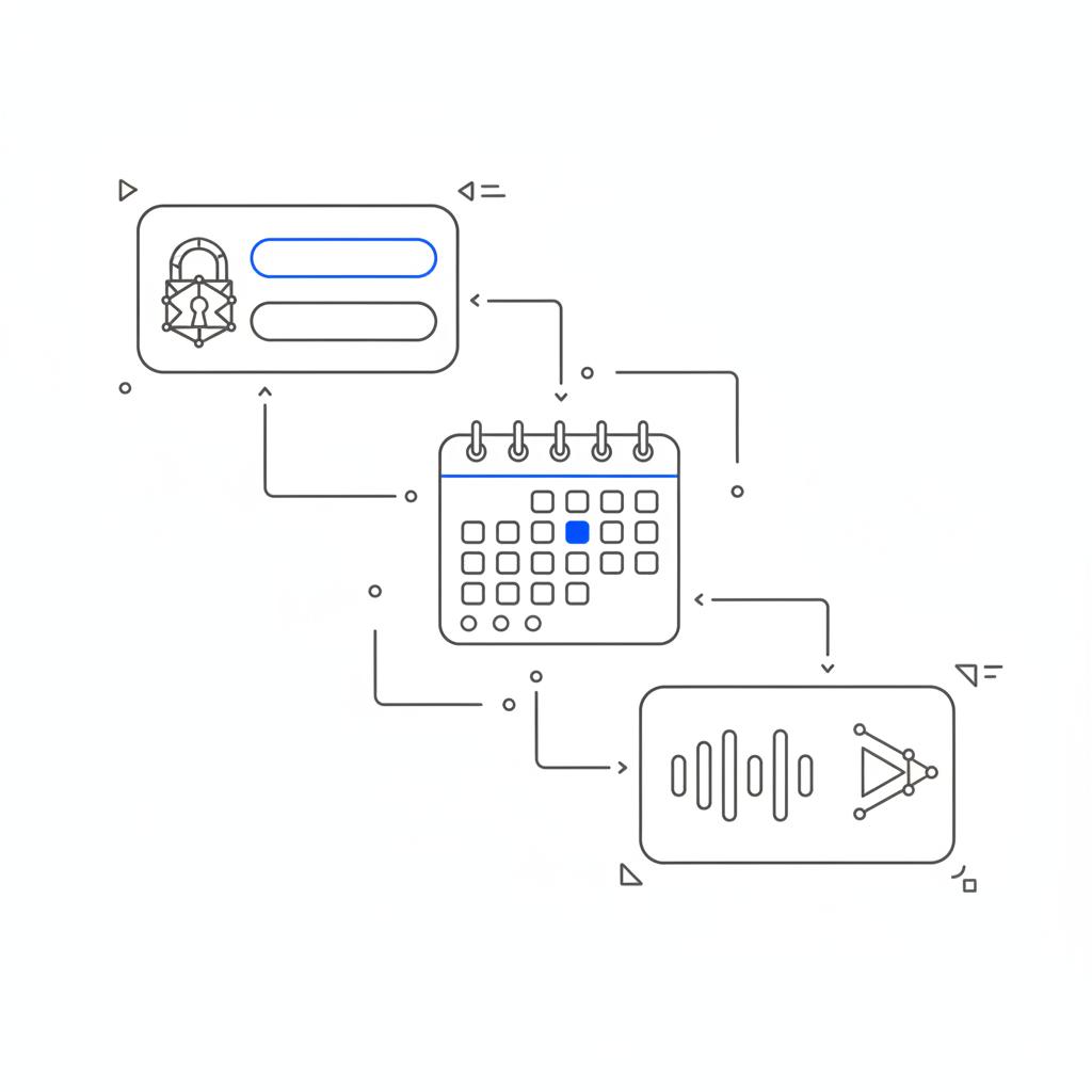 Vector sketch of telehealth UI elements: login form with padlock, calendar booking widget, and audio waveform in white, charcoal, and blue &mdash; best website builder for healthcare