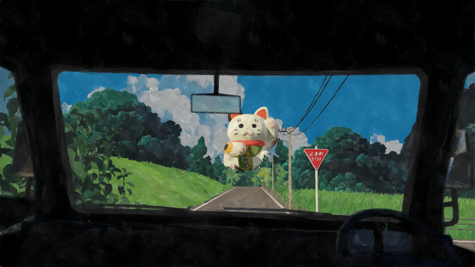 Giant Maneki Neko On Country Road - Digital Painterly Art 4K Wallpaper (3840x2160)