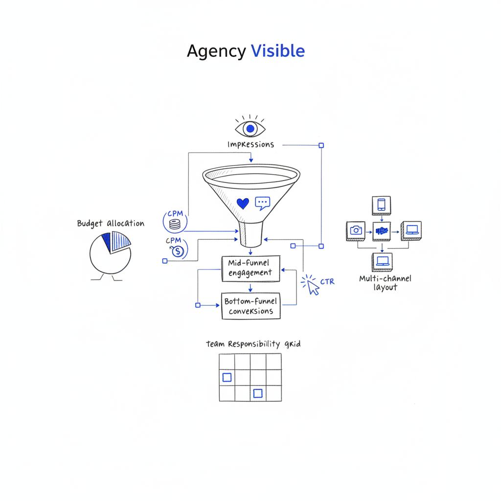 Sketch-style notebook illustration of a TikTok CPM campaign funnel showing top impressions, mid engagement and bottom conversions with CPM and CTR icons highlighted in #1a5bfb