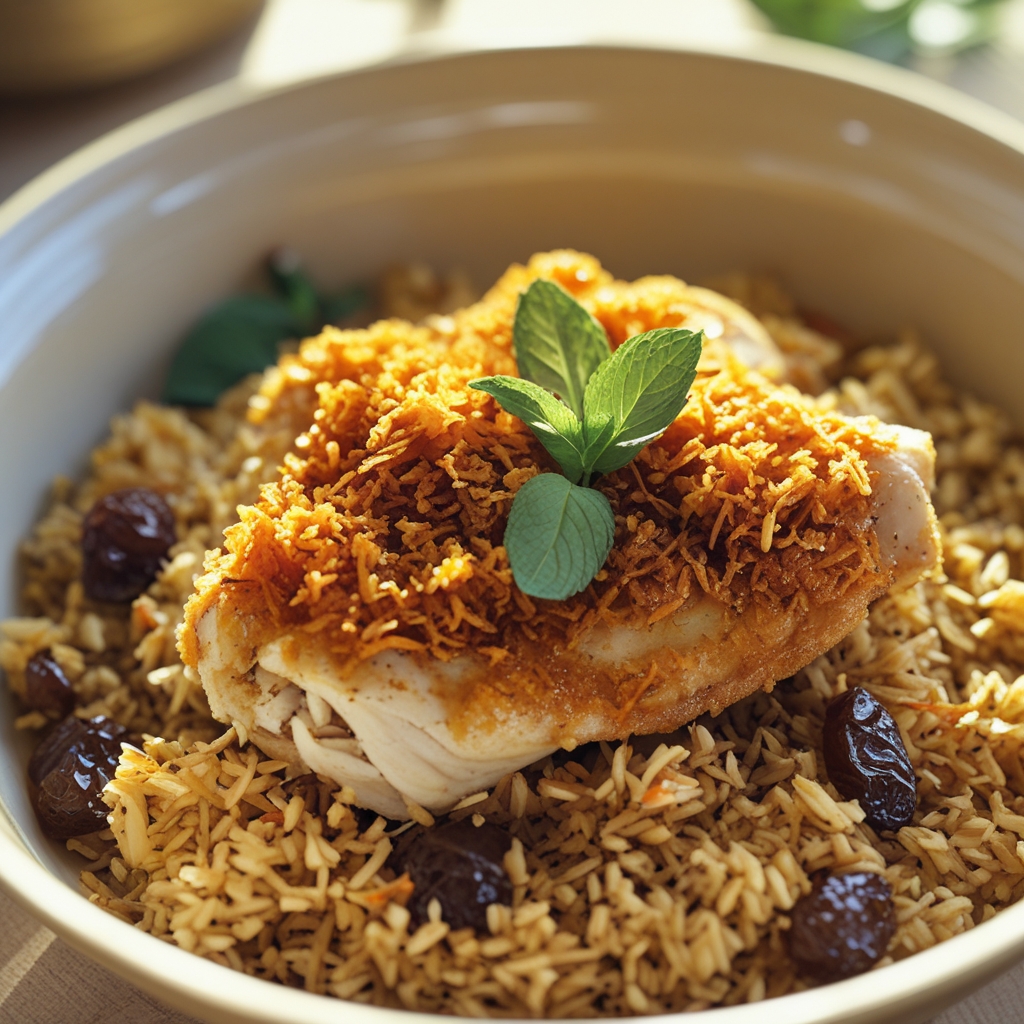 Crispy Saffron Yogurt Chicken & Freekeh Pilaf with Golden Raisin Chutney