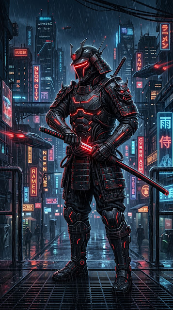 Cyberpunk Samurai Illustration in Black Armor with Glowing Red Neon Accents - Free mobile Wallpaper