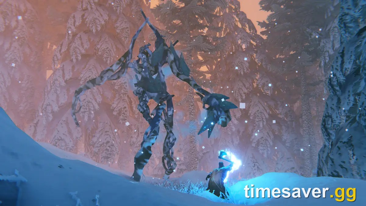A towering Elaking-type creature facing a player casting a spell in a snowy Valheim Deep North forest