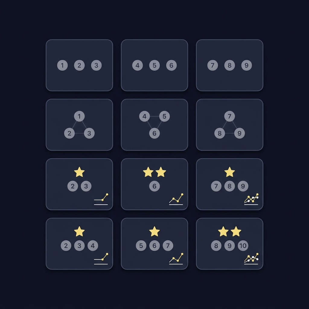 Minimalist vector infographic of ticket boxes and stylized keys showing small combo charts for betting a trifecta on a dark Funded Plays style background