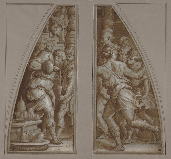 Bearded Man Filling a Glass and Youth Running 15441545