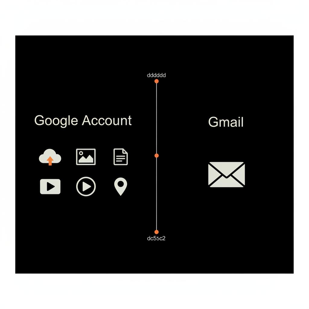 Minimal infographic comparing Google Account vs Gmail: two columns on black background with generic icons for cloud storage, photos, video, maps (left) and an envelope (right).