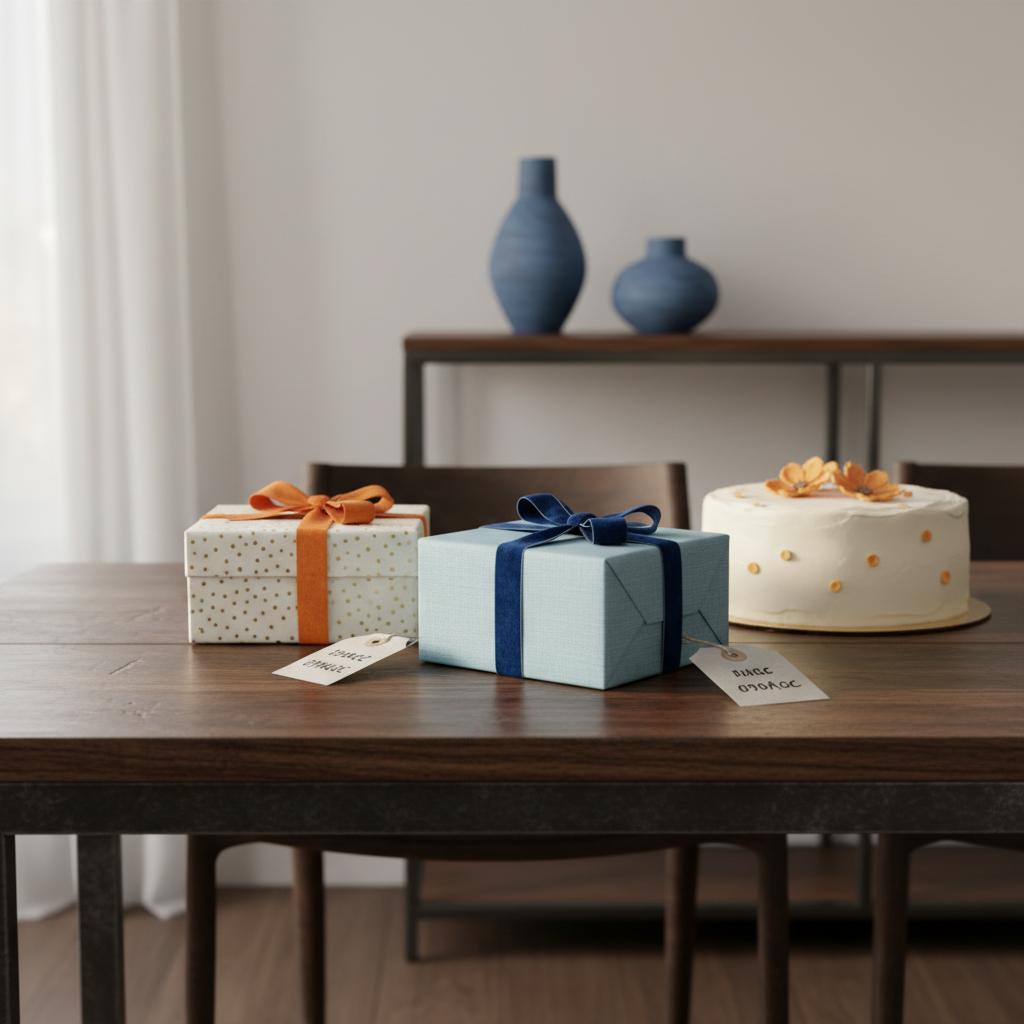 Intime Esstischszene mit wenigen Geschenken und einfacher Vanilletorte, warme industrielle Ästhetik im Steelmonks-Stil – 5-geschenke-regel kinder im Familienkontext