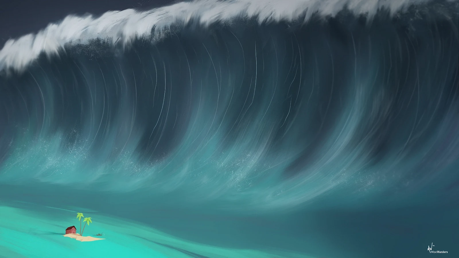 Digital Art, Tsunami, Waves, Palm Trees, Fisherman 4K Desktop, iPhone Wallpaper Background