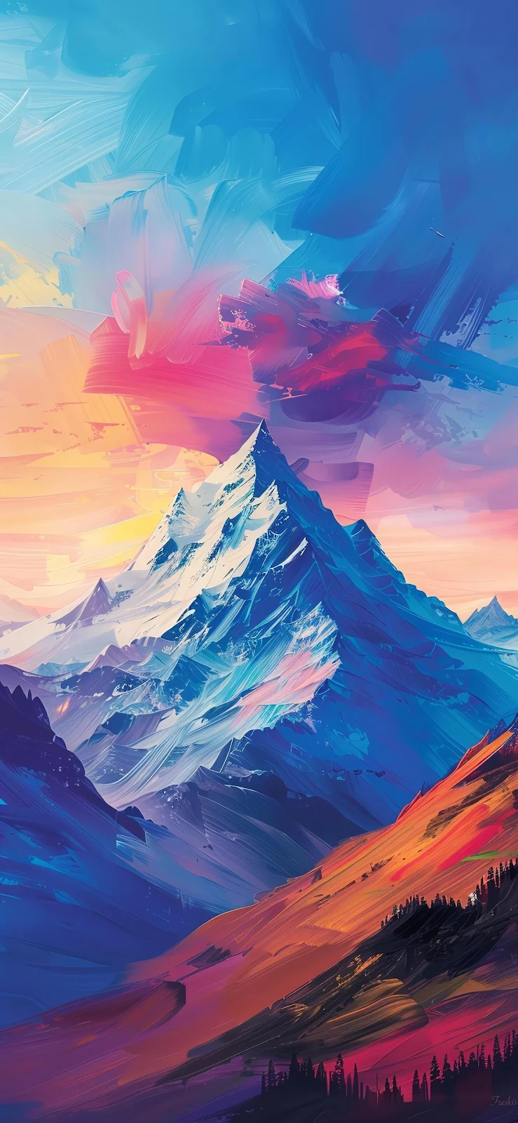 Vivid Painted Alpine Peak Sunset - Expressionist Digital Painting Full HD iPhone Wallpaper (1333x2888)