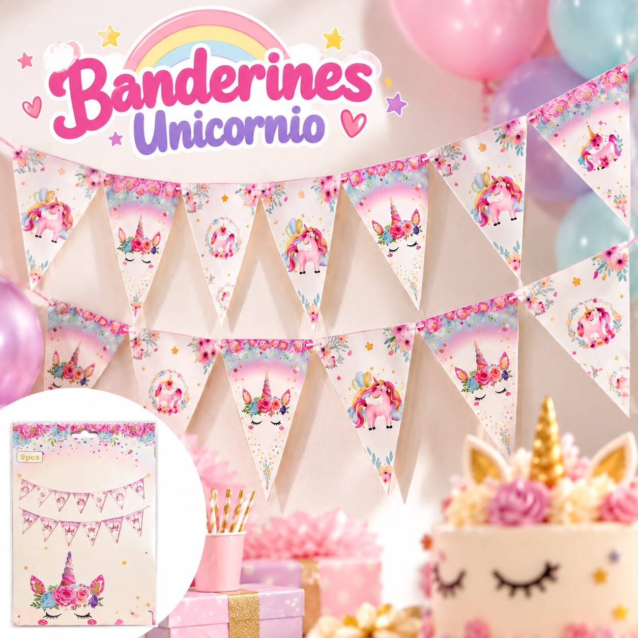 Banderín de unicornio rosa