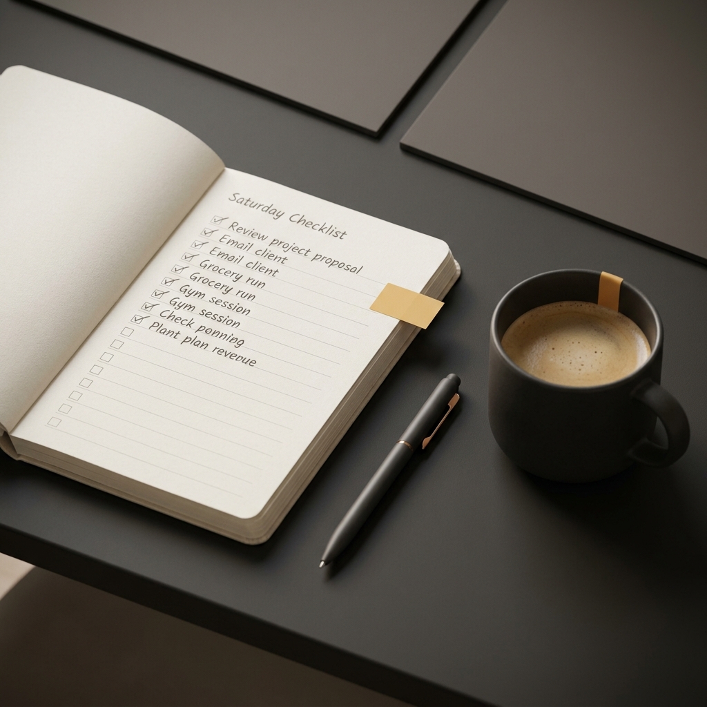 Close up of an open planner with a Saturday checklist annotated entries and a cup of coffee conveying routine and discipline for Building a Saturday College Football Trading Plan