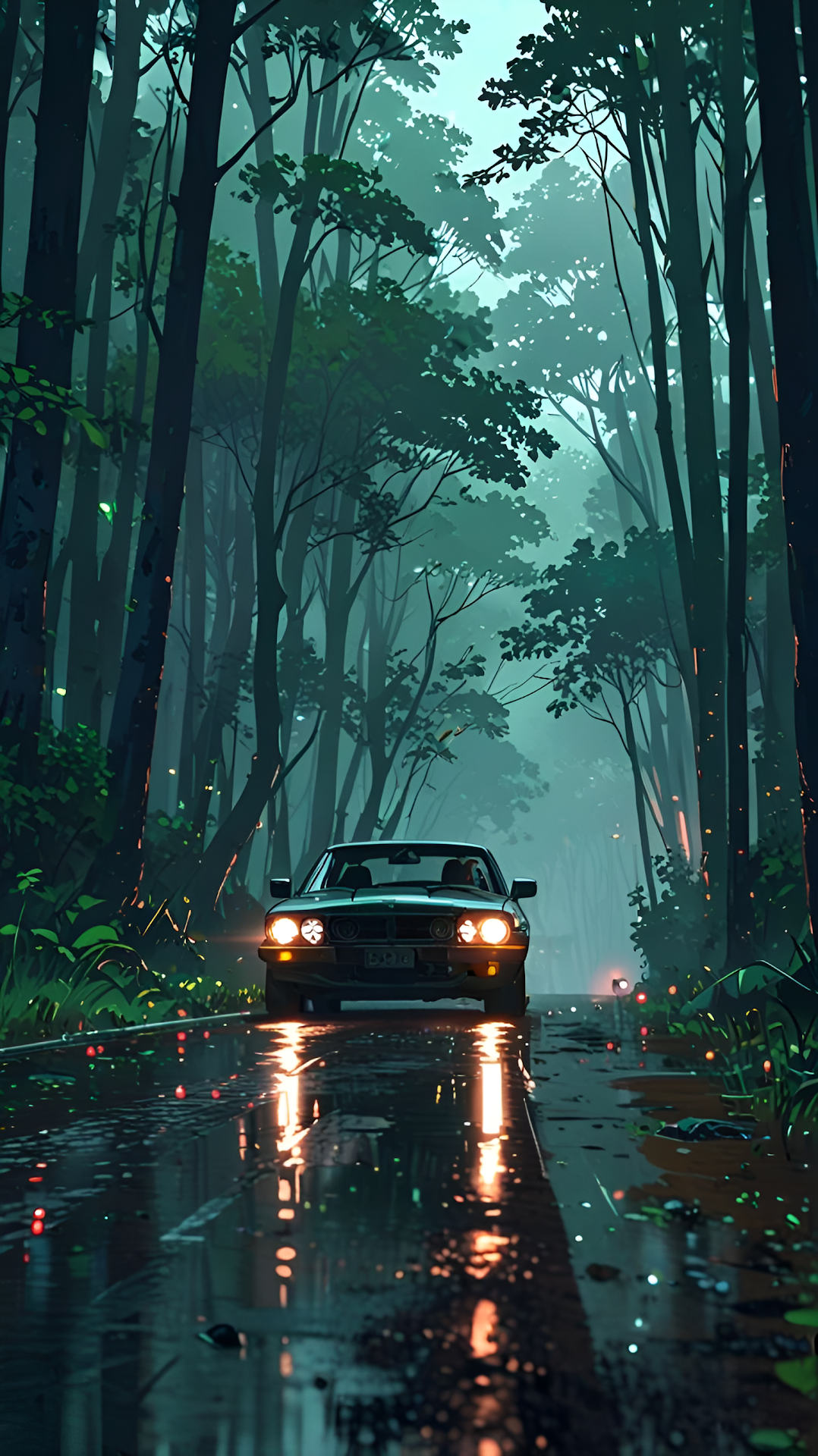Vintage Car Driving Through Misty Forest Road Night - Free 4K mobile Wallpaper