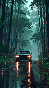 Vintage Car Driving Through Misty Forest Road Night