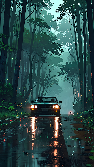 Vintage Car Driving Through Misty Forest Road Night - Free mobile Wallpaper
