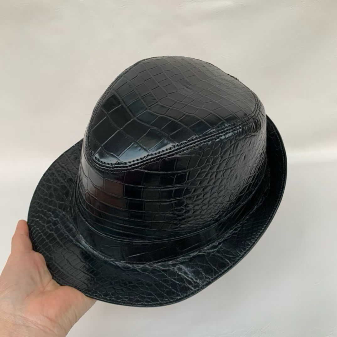 black genuine alligator leather fedora hat with structured crown and medium brim - detail 2.1