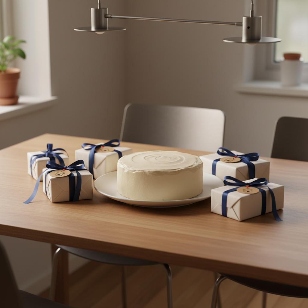 Schenkung an Enkel: Esstisch mit mehreren kleinen Geschenken und schlichter Vanillekuchen, warmes Licht, Holzoberfläche und dezente Metalldetails