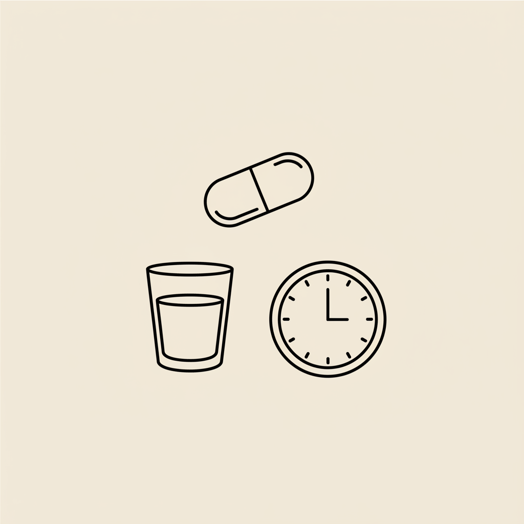 Minimalist line illustration of a capsule, glass of water and a clock set to morning, illustrating the best time to take b complex on a beige background