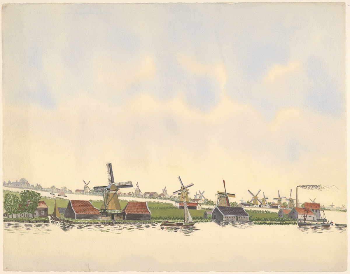molens molens aan de Zaan met rechts een fabriek met rokende schoorsteen 1930 19