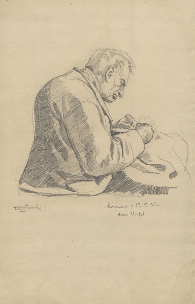 Man sitting with a piece of needlework 1882