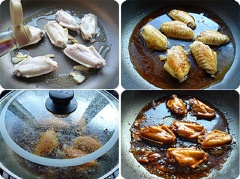 Chiên cho đến khi cánh gà có màu vàng thì thêm 1 muỗng canh nước tương, 1/2 muỗng canh hắc xì dầu, 1 muỗng canh rượu nấu ăn, sau đó cho một lượng nước thích hợp để đun sôi, thêm đường phèn. Đậy nắp và nấu trong 15 phút ở nhiệt độ thấp. Khi thịt chín thì đun to lửa cho sốt cạn sệt, tắt bếp.
