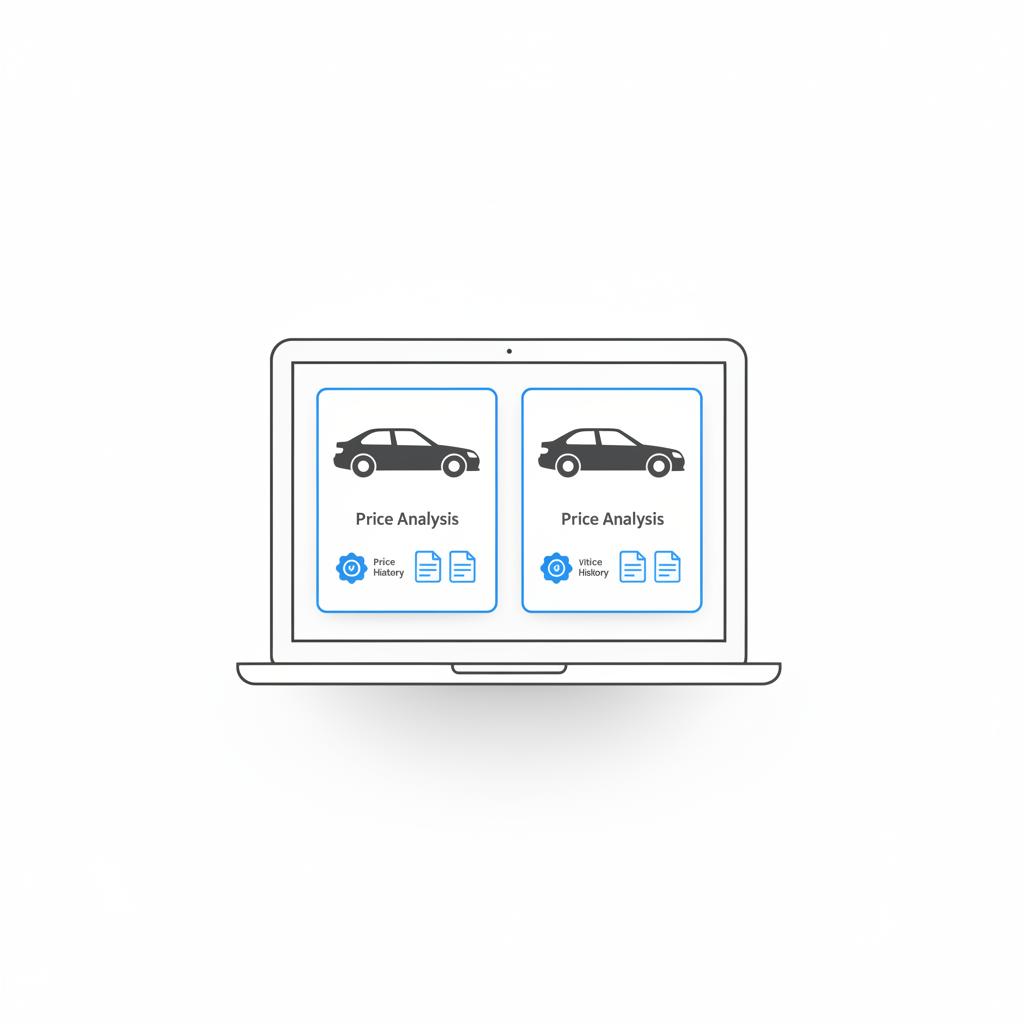 Minimalist vector laptop showing side by side C63 listing comparison with blue price analysis badges and vehicle history thumbnails c63 amg for sale