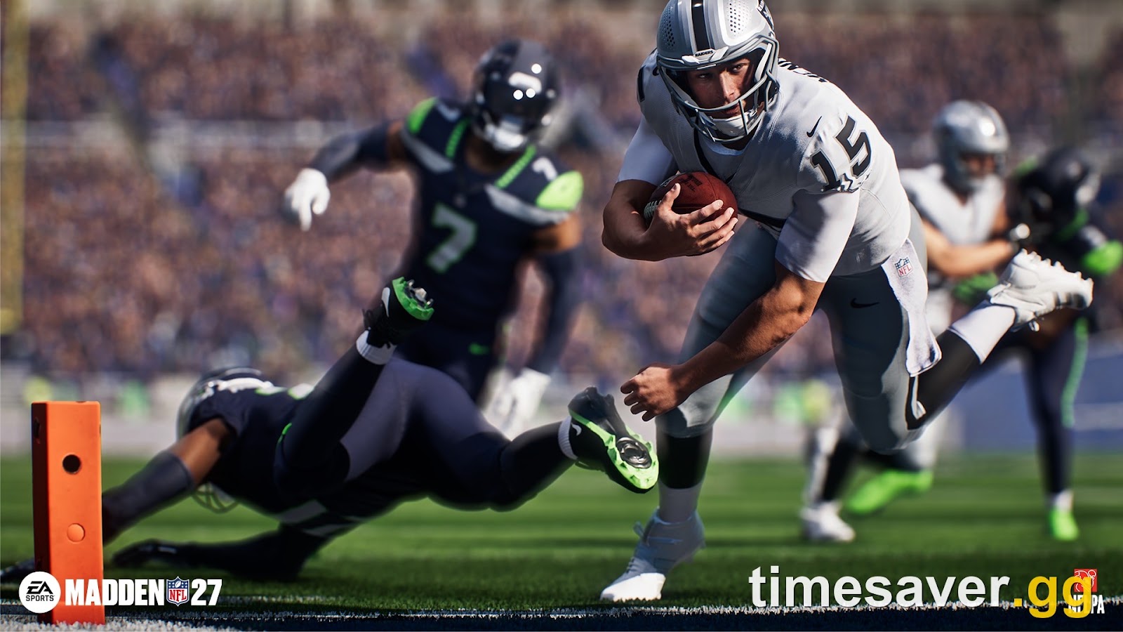 A Madden NFL 27 ball-carrier breaking the plane — completing in-game objectives like this is how you earn the Skill Points that fuel an Evo's upgrade tree.