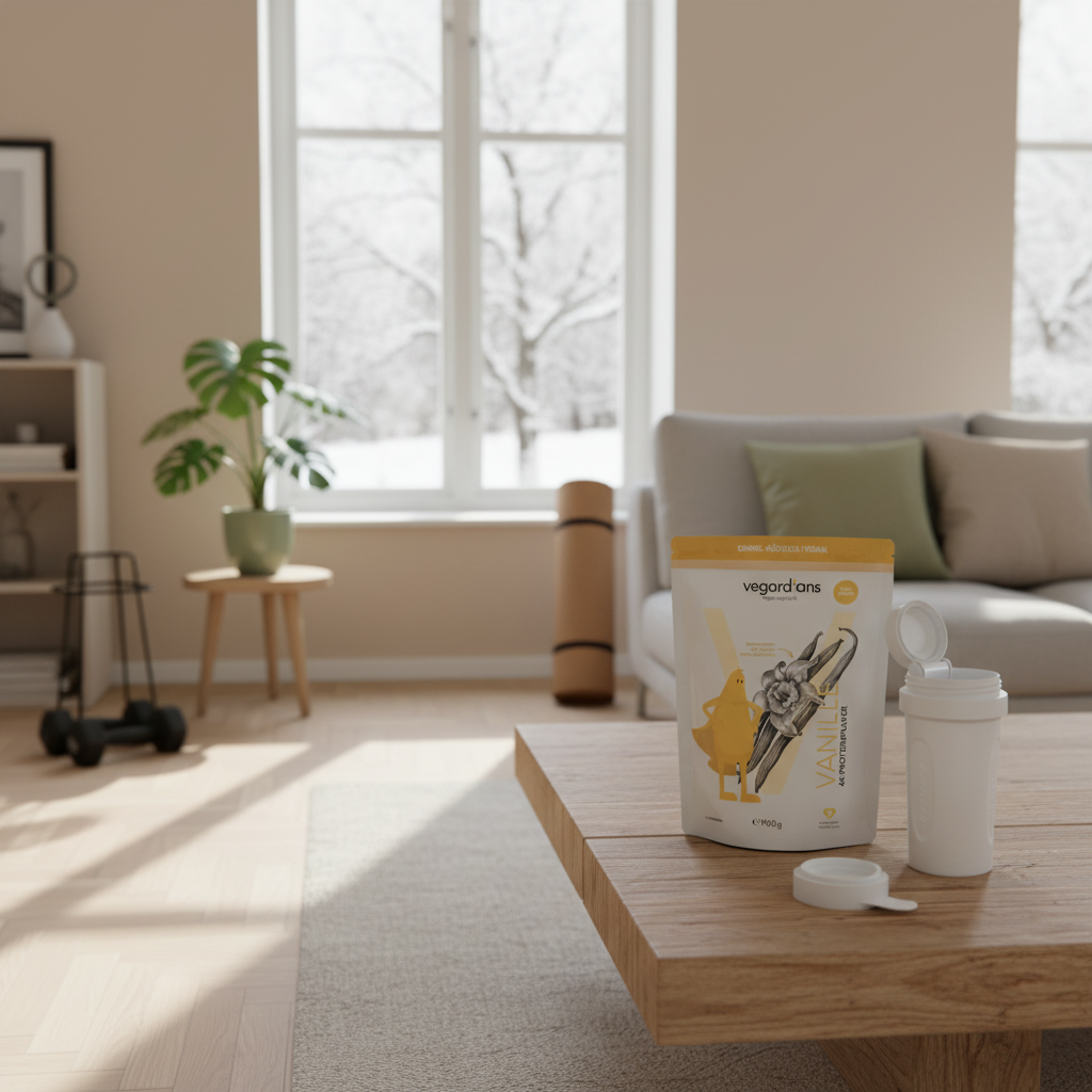 Minimalistische nordische Heimtrainingsszene mit Yogamatte, Kurzhanteln und offenem Vegardians-Proteinshaker auf Holztisch im Vordergrund, motivierende Trainingsfrequenz