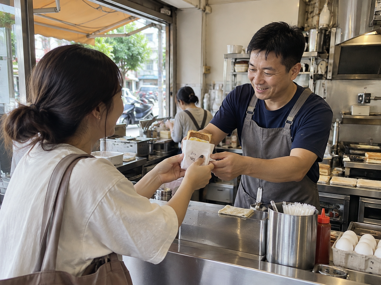 顧客領取早餐時向老闆表達肯定