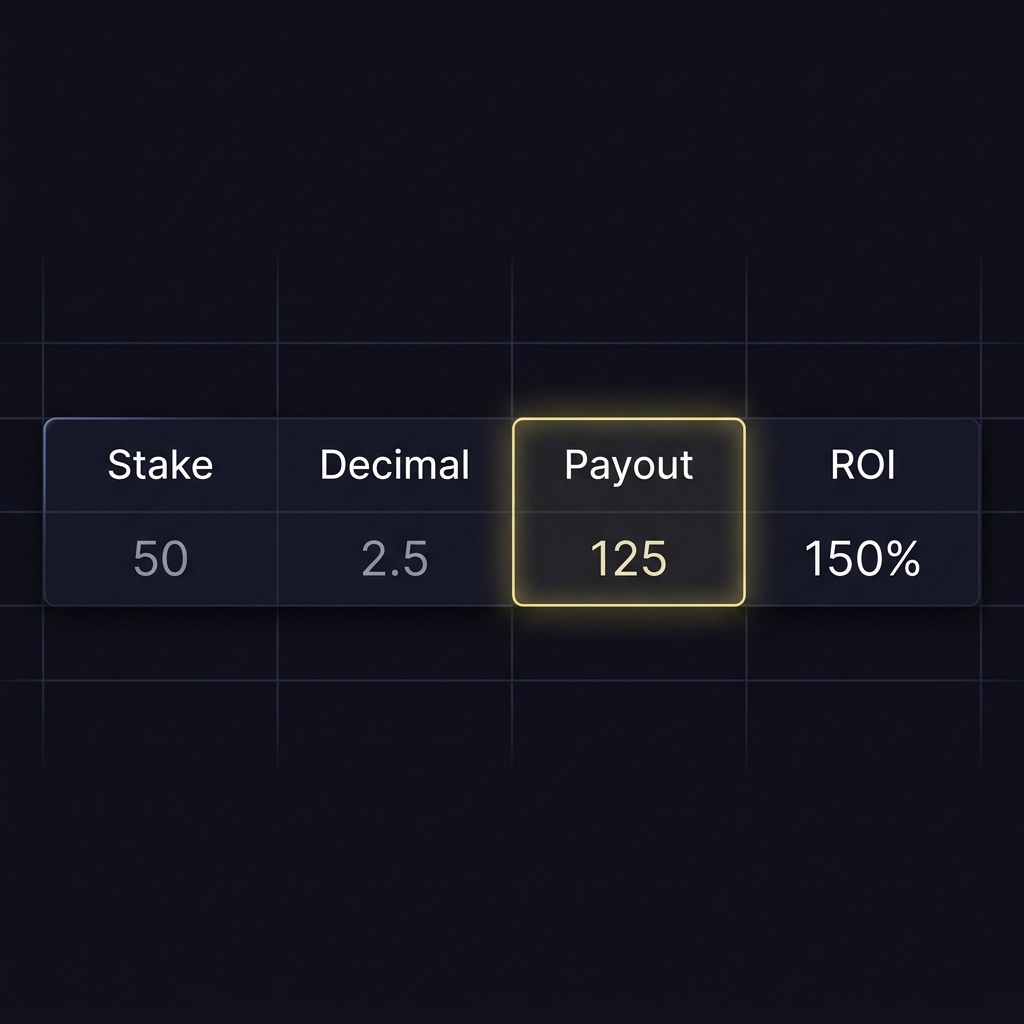 Close up spreadsheet row showing stake decimal conversion payout and ROI values on a dark Funded Plays styled interface with numeric values visible return on bet calculator